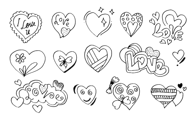 Сердца-каракули, нарисованные вручную, коллекция сердечек любви, векторная иллюстрация