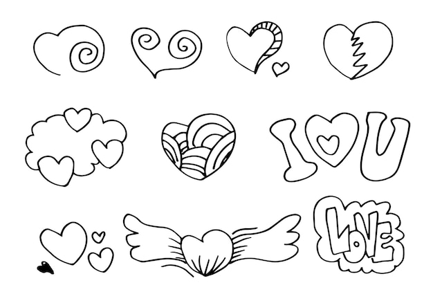 Vettore doodle cuori disegnati a mano amore cuore collectionvector illustrazione