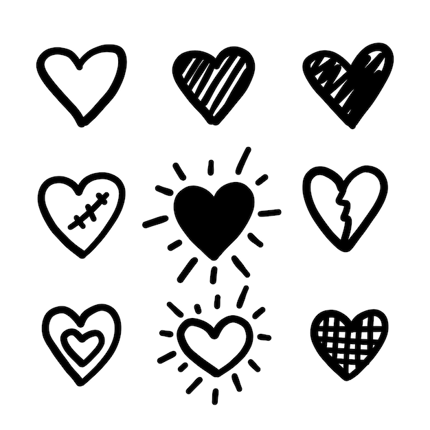 Doodle hearts love hand drawn cute line heart set vector shapes