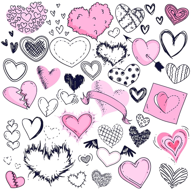 Cuori di doodle fissati per il saluto romantico di san valentino