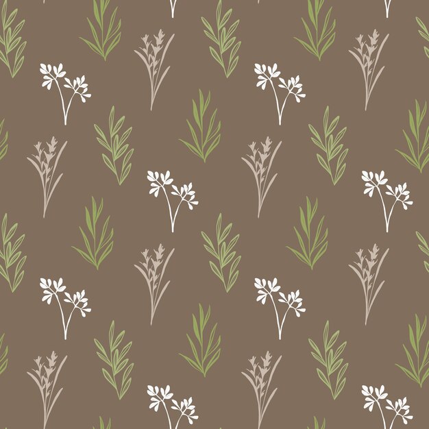 Doodle herbs and plants seamless pattern. Organic textile and wrapping paper background. Seamless texture with nature elements. Vector illustration