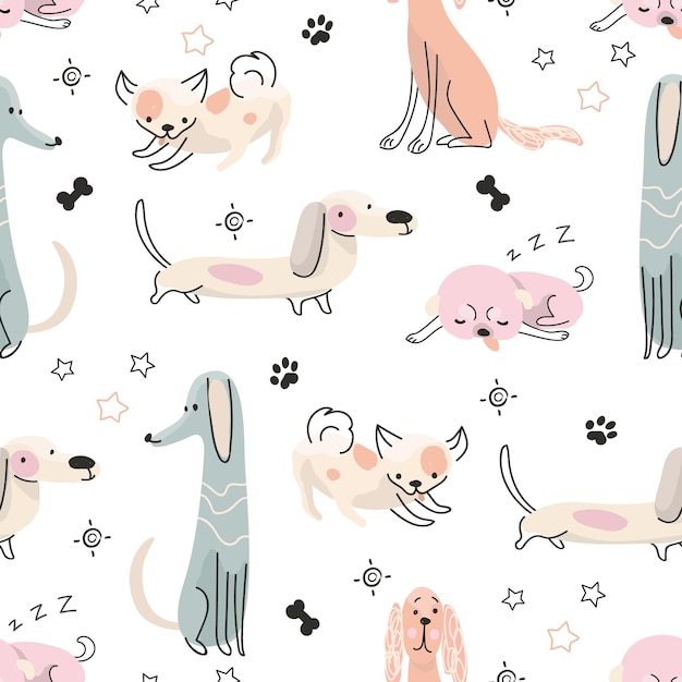 Doodle hond print Grappige honden naadloos patroon kinderachtig Scandinavisch tekening puppy Weefsel ontwerp met cartoon huisdieren tegenwoordig lijn dieren vector achtergrond