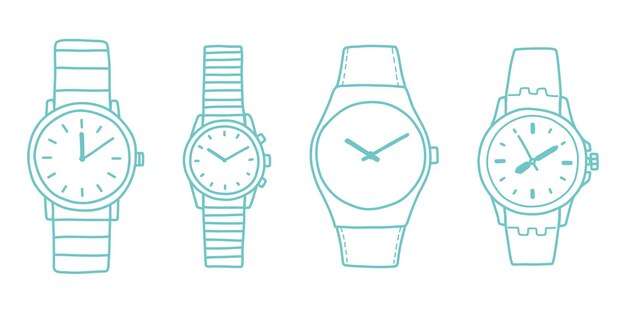 Doodle horloge set blauwe kleur vectorillustratie