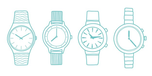 Doodle horloge set blauwe kleur vectorillustratie