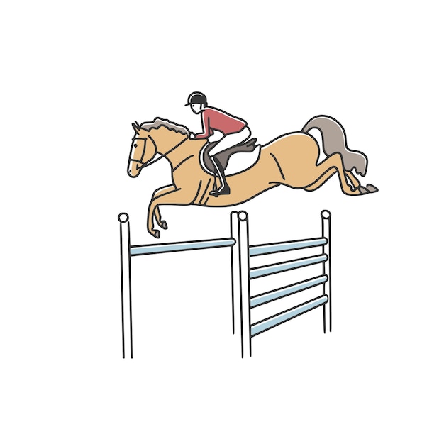 Vector doodle horse rider on horse in arena for jumping competition