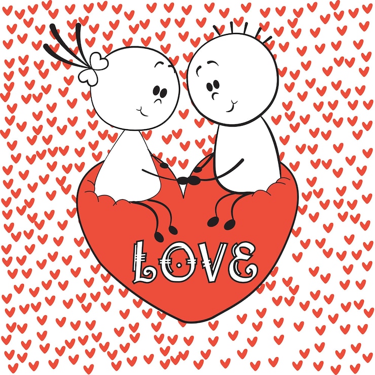 Vector doodle houdt van een jongen en een meisje die hand in hand zitten op het liefdeshart met rode harten eromheen
