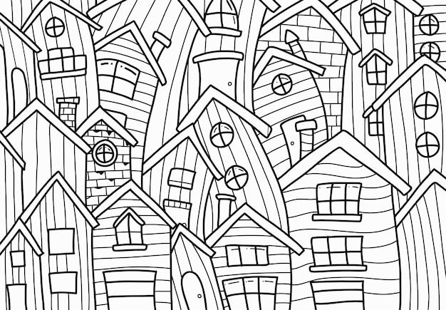 Doodle of house home pattern background black white outline hand drawn illustration