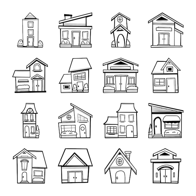 Doodle house set met de hand getekende vector