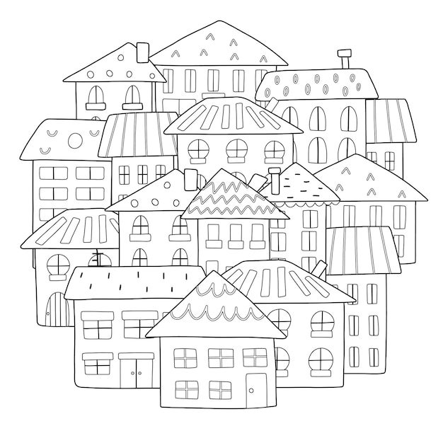 Doodle houses circle shape coloring page Hand drawn mandala with city background for coloring book