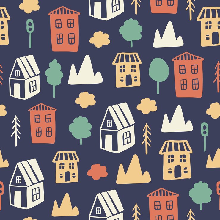Doodle houses colorful seamless pattern