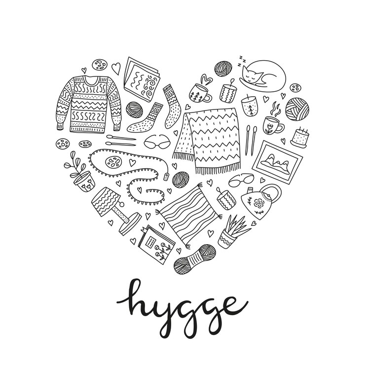 Vector doodle hygge icons in heart shape