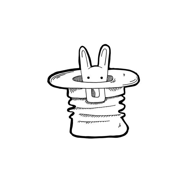 Doodle icon of rabbit looks out of a magician's ha