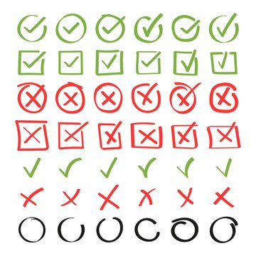 Doodle check mark and cross icon set Royalty Free Vector