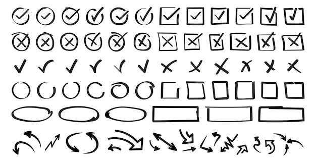 Vettore set di icone doodle segno di spunta disegnato a mano con diverse frecce circolari cerchi quadrati e sottolinea illustrazione vettoriale