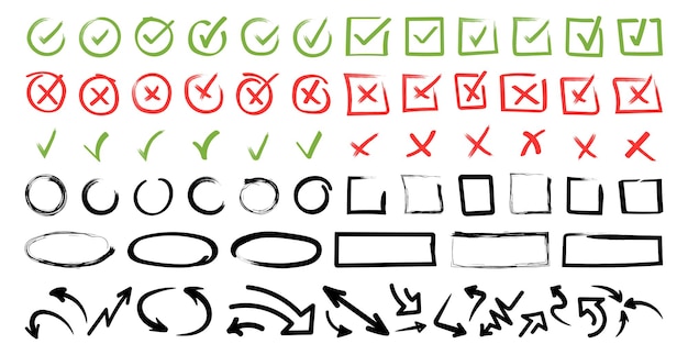 Vector doodle icon set check mark hand drawn with different circle arrows circles squares and underlines vector illustration