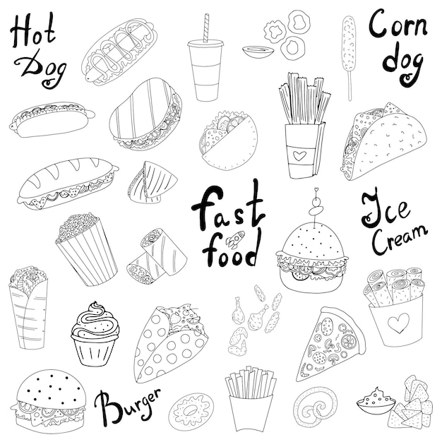 Vector doodle icons fast food burger hot dog burrito ice cream popcorn taco sandwich chicken wings