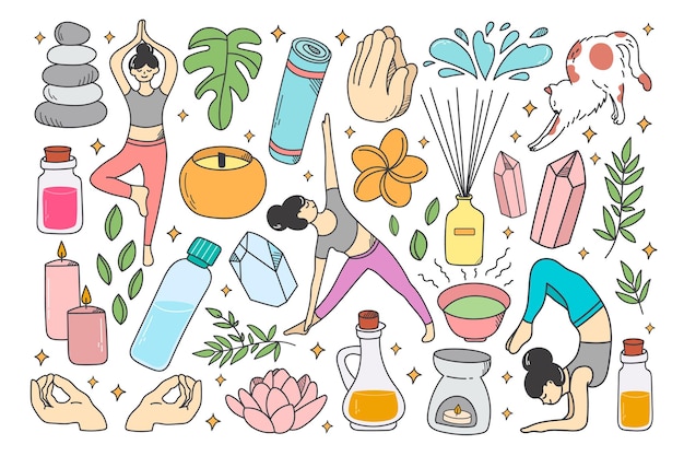 Doodle icons for yoga training with sport equipment fitness woman healthy lifestyle and wellness