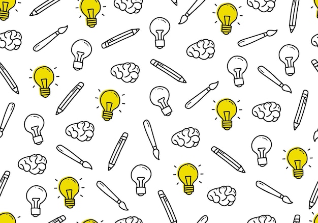 Vector doodle idea and creativity light bulb and brain outline icon seamless pattern backdrop