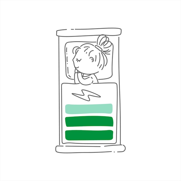 Doodle illustratie. Schattig meisje slaapt en de batterij wordt opgeladen op haar deken
