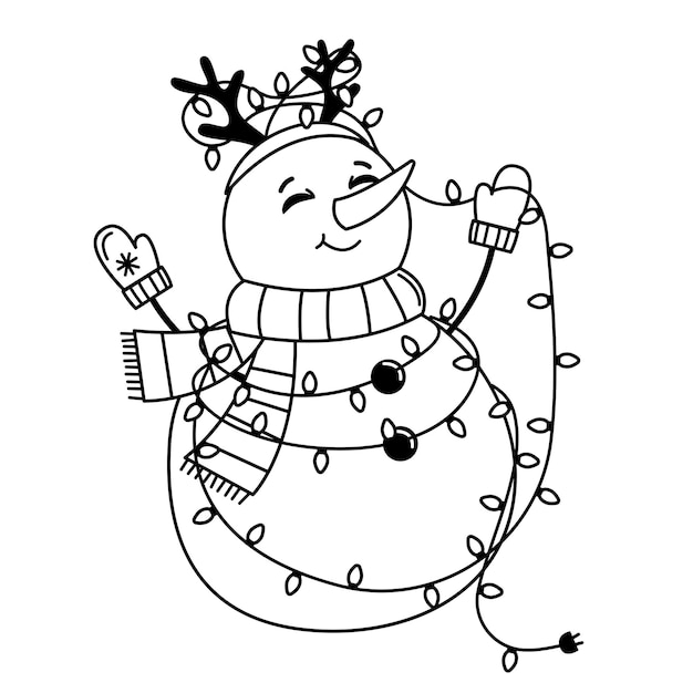 Doodle illustratie van een sneeuwpop met hertenhoorns verstrikt in een slinger Het concept van Kerstmis