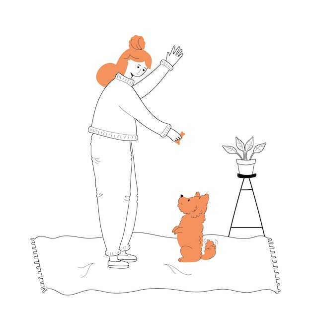 Vector doodle-illustratie van een vrouw die een hond traint