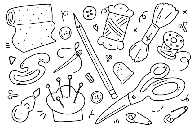 Doodle illustraties, verzameling naaigereedschap en accessoires.