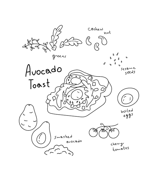Doodle illustration of avocado toast Recipe for toast with avocado and tomatoes
