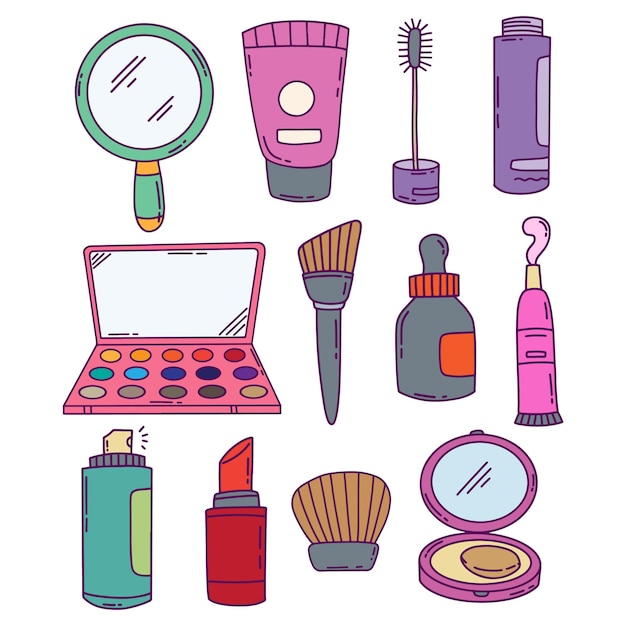 Doodle illustrazione di cosmetici e make up strumenti