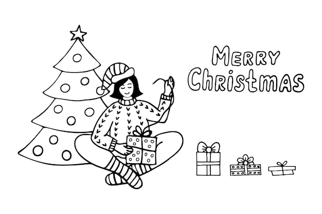 Doodle illustration girl opens Christmas gift