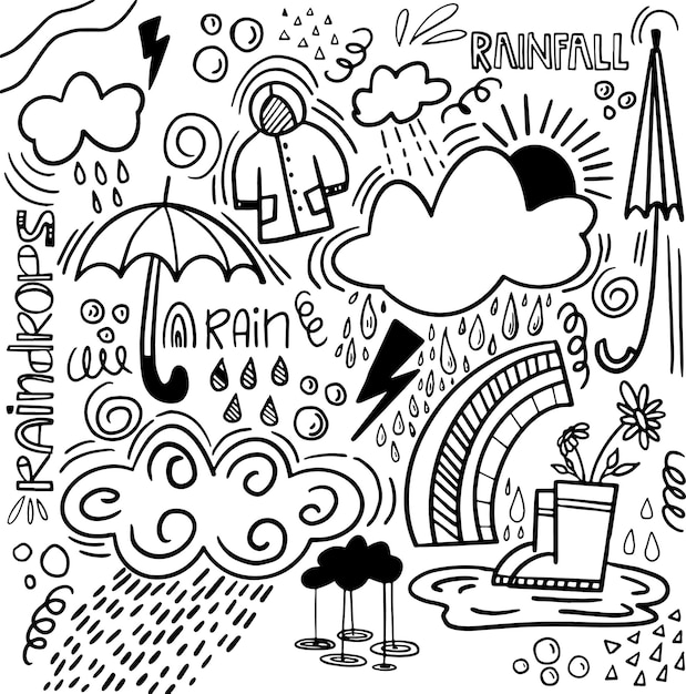 Дудл-иллюстрация дождя. эскиз дождливой погоды. осенний набор каракулей.