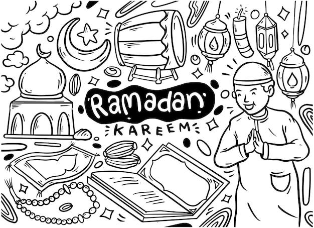 ベクトル 手でラマダン カリームの落書きイラスト イスラム教徒のコミュニティ フェスティバルのお祝いの落書き背景を描く