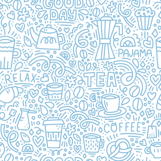 낙서 그림입니다. 원활한 벡터 패턴입니다. 커피, 차, 크루아상, 잠옷. 휴식 개념.