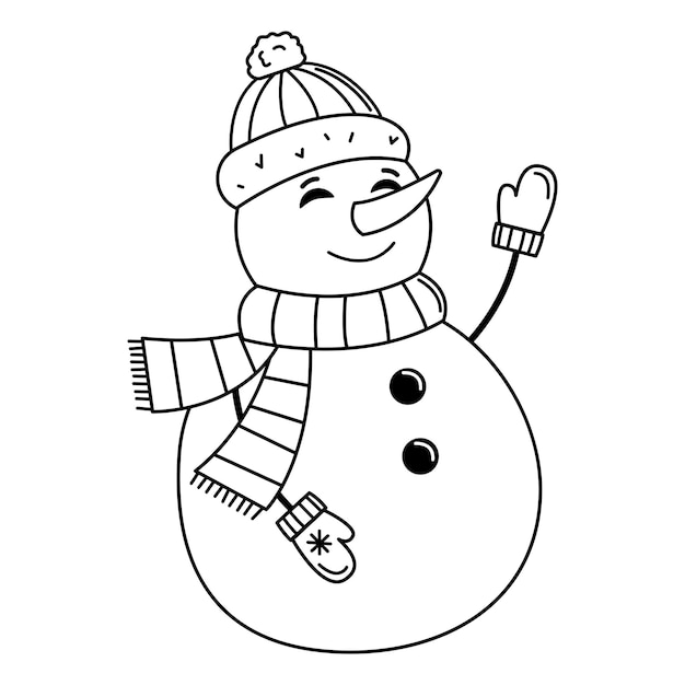 Doodle illustration of a snowman in a hat and scarf waving his hand The concept of Christmas