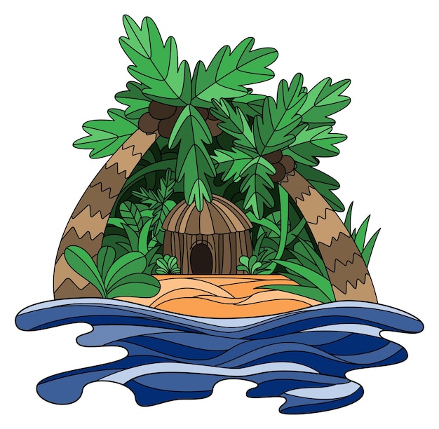 Doodle illustrazione di un'isola tropicale con bungalow