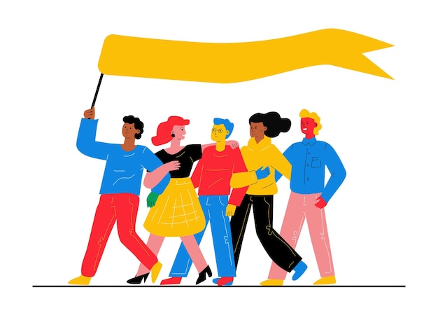 Вектор Иллюстрация doodle с ярким объятием людей, держащих флаг сверху