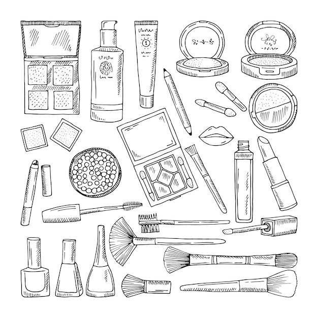 Doodle illustrazioni di cosmetici donna. strumenti di trucco per belle donne