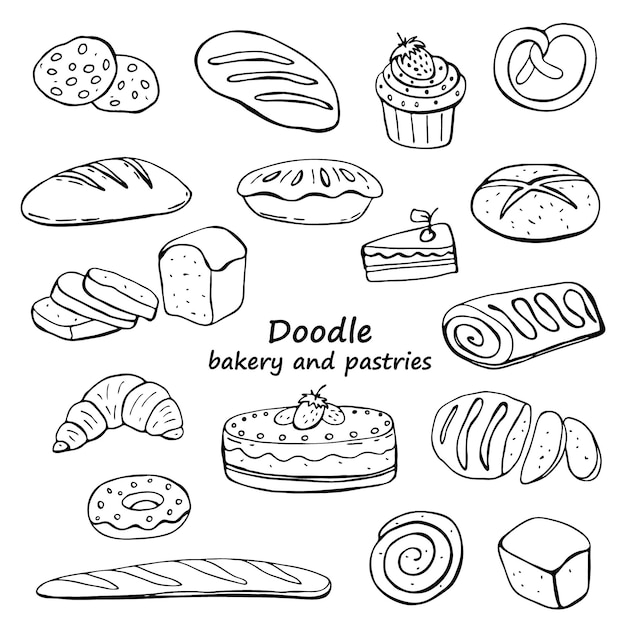 doodle image of bakery and pastries on white background