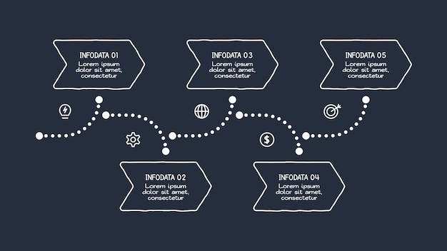 Vector doodle infografische elementen met 5 opties template voor web op een donkere achtergrond