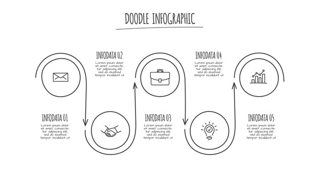 Doodle infografico cerchio con 5 opzioni icone disegnate a mano illustrazione a linea sottile