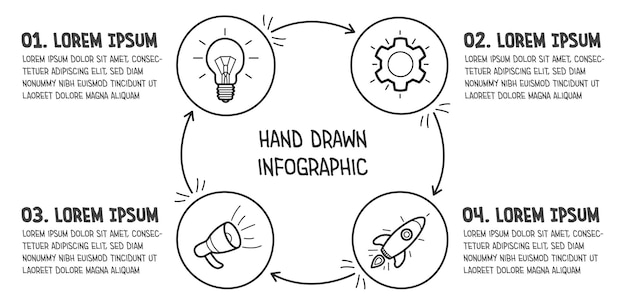 Doodle infographic elements with 4 options Hand drawn icons Thin line vector illustration