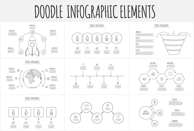 Вектор Инфографический набор doodle с воронками, ракетами, земными кругами и другими абстрактными элементами