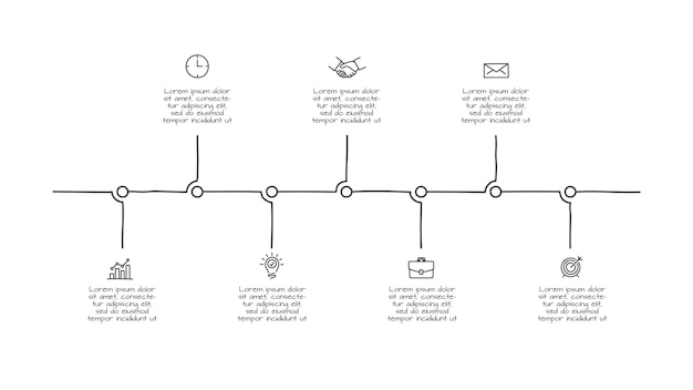 7つのオプションでインフォグラフィックタイムラインを落書きします。手描きのアイコン。細い線のイラスト。