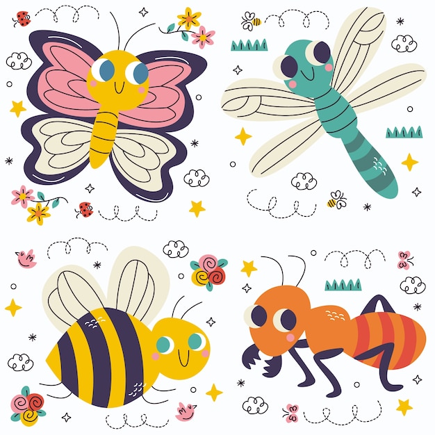 Vector doodle insects and bugs stickers collection