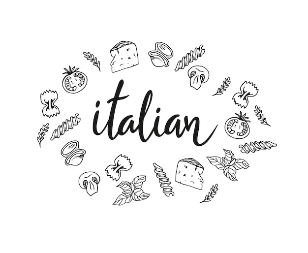 Doodle cibo italiano illustrazione vettoriale pasta calligrafica