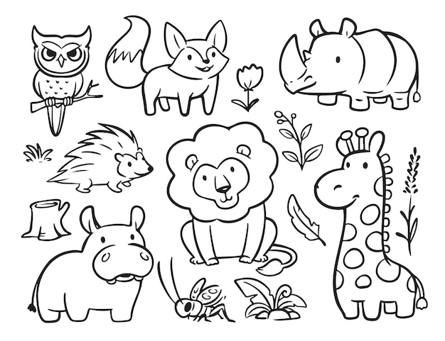 Vector doodle jungle animals hand drawn animals