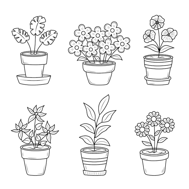 Doodle kamerplanten set Kleurblad voor kinderen met planten die uit potten groeien met de hand getekende vector