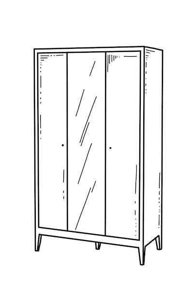 Vector doodle kast met drie houten deuren in zwart-witte doodle stijl