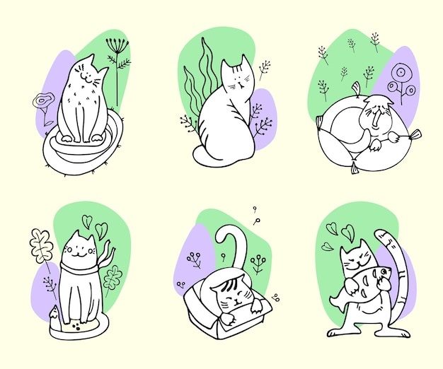 Doodle katten een set van grappige huisdieren lopen slapen spelen verzameling van cartoon huisdieren