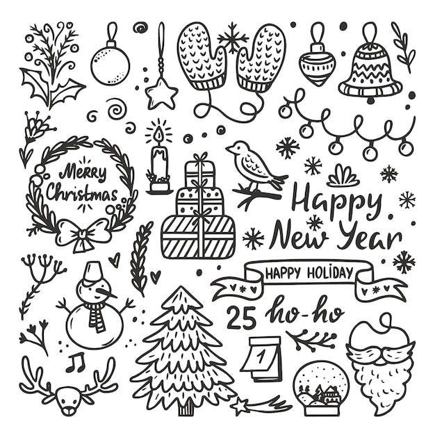 Vector doodle kerst geïsoleerde vakantie elementen holly xmas winter planten aanwezig dozen en speelgoed hand getrokken decoraties kunst schets neoterische vector clipart illustratie van xmas tekening vrolijke doodle