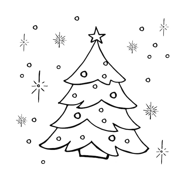 Doodle kerstboom. eenvoudige handgetekende versierde kerstboom. vector illustratie. geïsoleerd op wit.